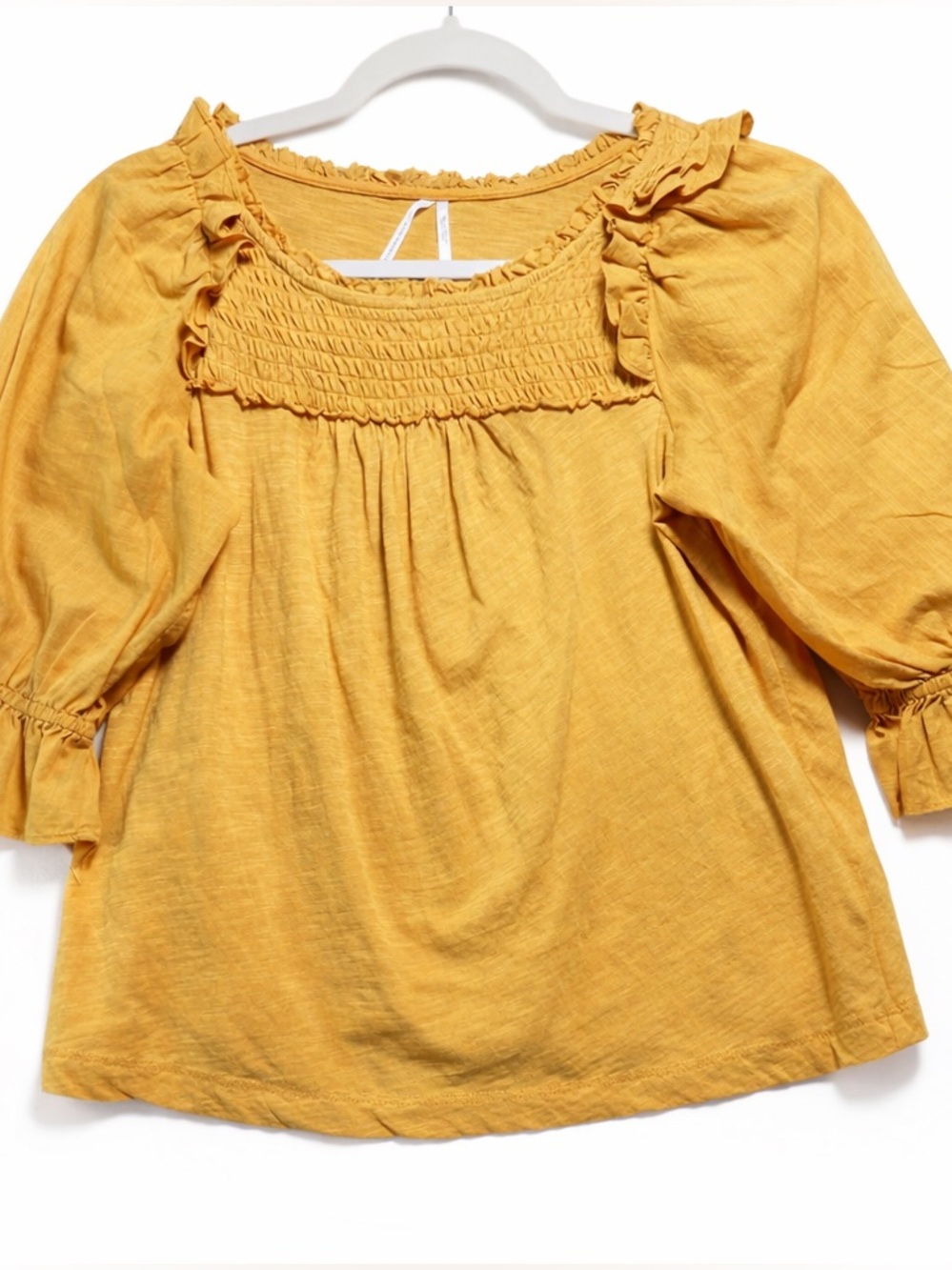 Anthropologie Smocked Peasant Blouse Mustard Yellow Cottagecore Puff Sleeve XXS